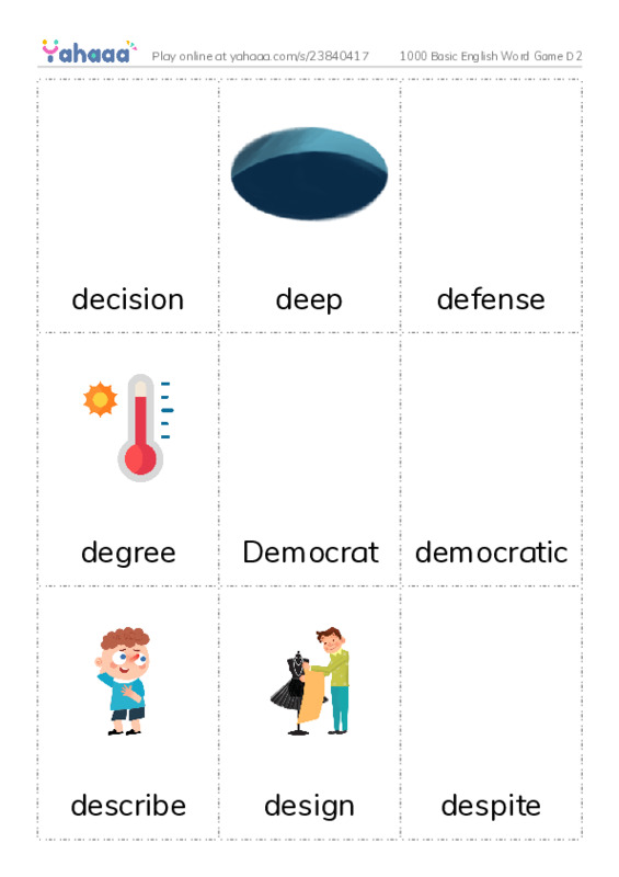 Picture flashcards worksheet for 1000 Basic English Word Game D2