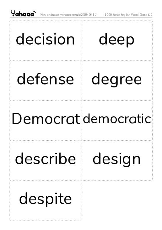 Word flashcards worksheet for 1000 Basic English Word Game D2