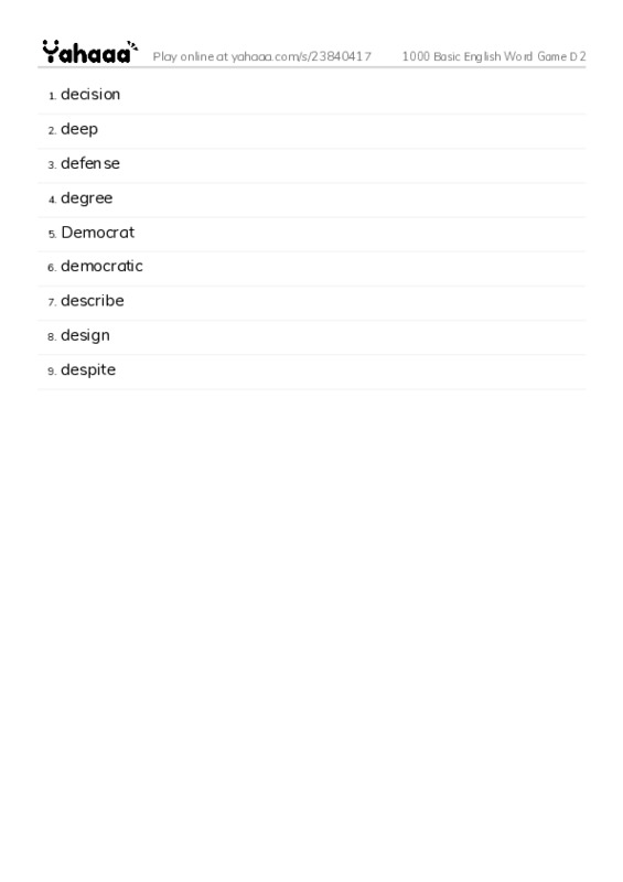 Word list with meanings worksheet for 1000 Basic English Word Game D2