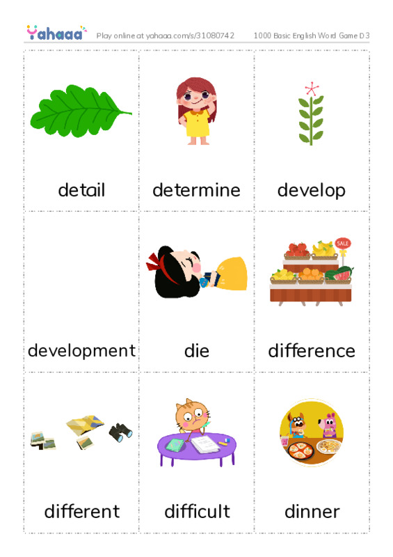 Picture flashcards worksheet for 1000 Basic English Word Game D3