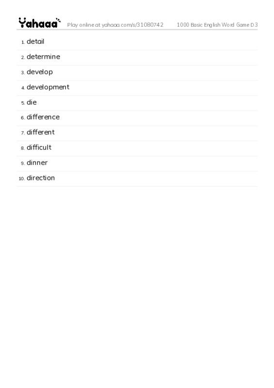 Word list with meanings worksheet for 1000 Basic English Word Game D3