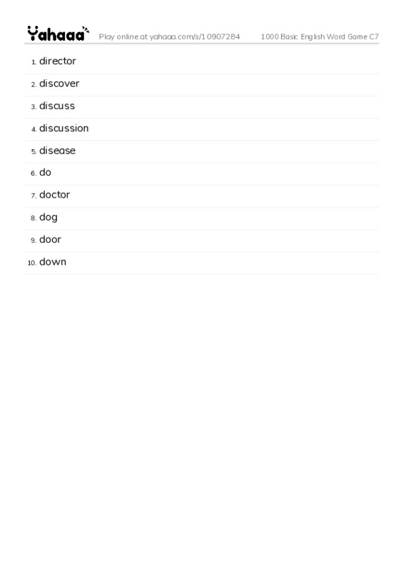 Word list with meanings worksheet for 1000 Basic English Word Game C7
