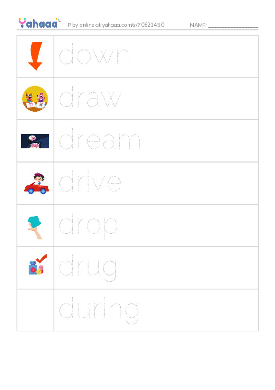 Picture and word rows worksheet for 1000 Basic English Word Game D4