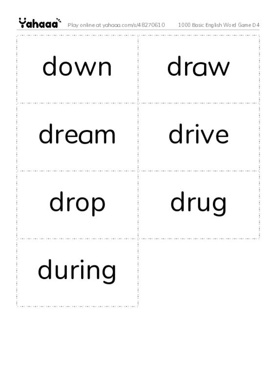 Word flashcards worksheet for 1000 Basic English Word Game D4