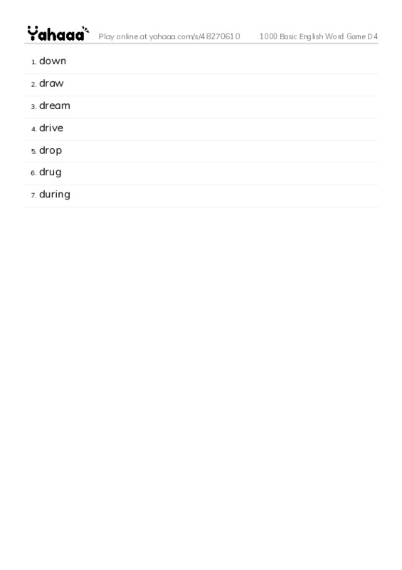 Word list with meanings worksheet for 1000 Basic English Word Game D4
