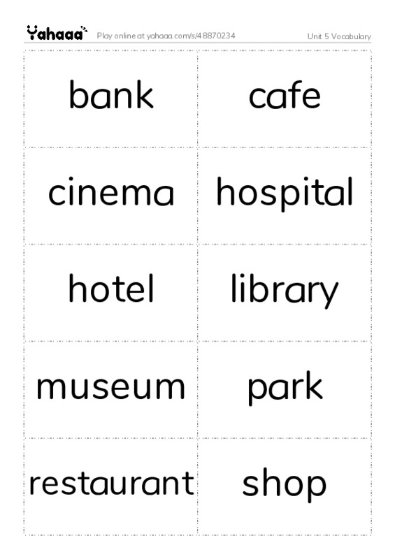Word flashcards worksheet for Unit 5 Vocabulary
