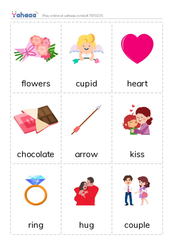 Picture flashcards worksheet for flowers, cupid, heart and 6 more