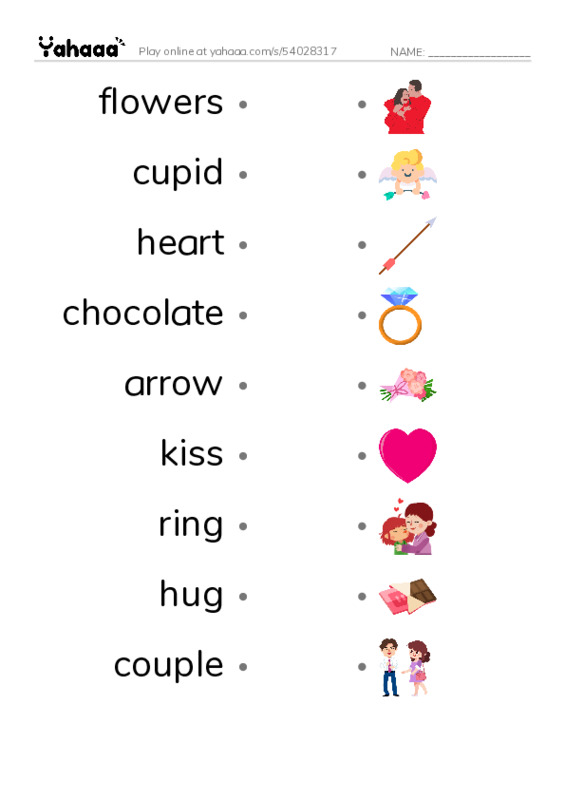 Draw a line to match worksheet for flowers, cupid, heart and 6 more