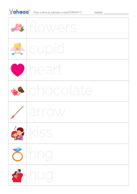 Picture and word rows worksheet for flowers, cupid, heart and 6 more