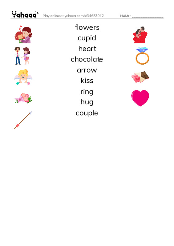 Match both sides worksheet for flowers, cupid, heart and 6 more