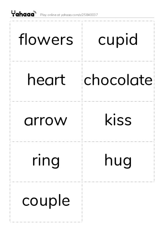Word flashcards worksheet for flowers, cupid, heart and 6 more
