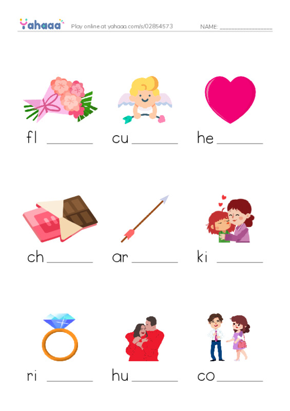 Finish the word worksheet for flowers, cupid, heart and 6 more