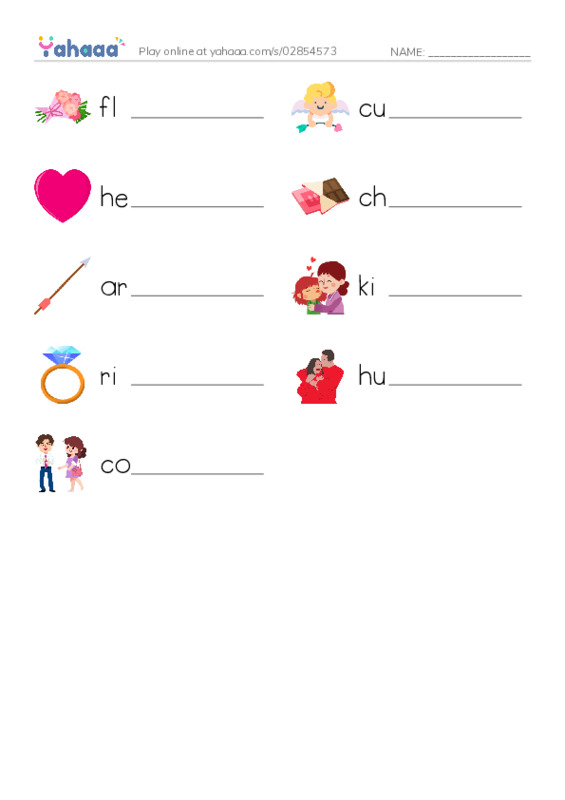 Write the word rows worksheet for flowers, cupid, heart and 6 more