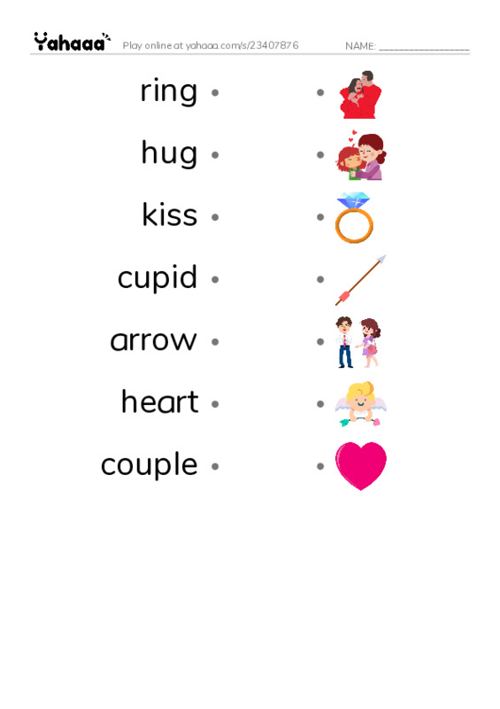 Draw a line to match worksheet for ring, hug, kiss and 4 more
