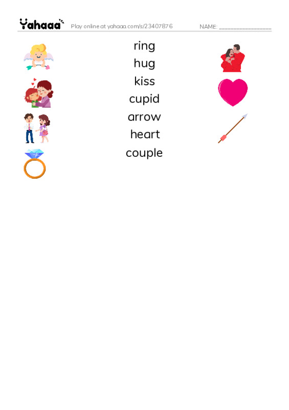 Match both sides worksheet for ring, hug, kiss and 4 more