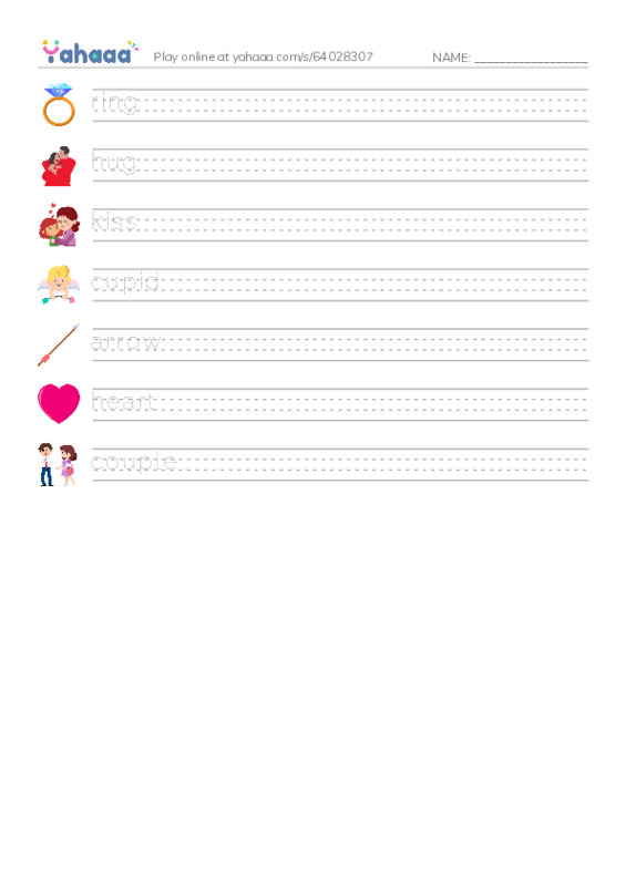 Handwriting lines worksheet for ring, hug, kiss and 4 more