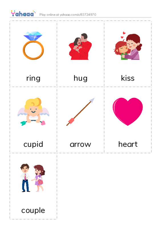 Picture flashcards worksheet for ring, hug, kiss and 4 more