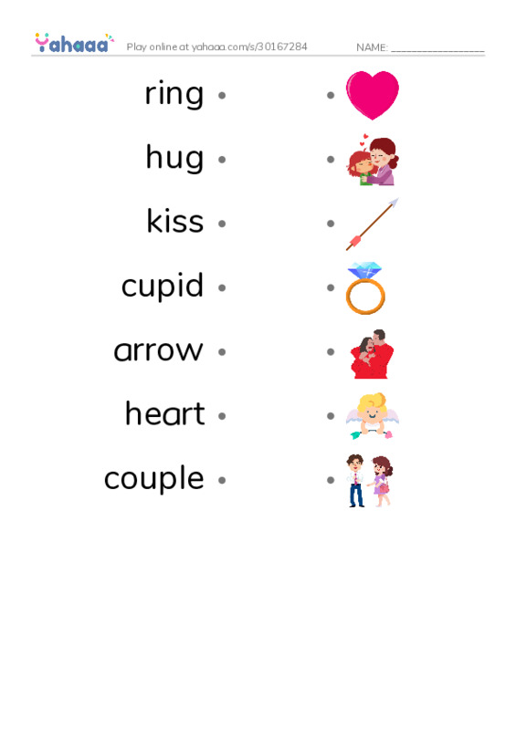 Draw a line to match worksheet for ring, hug, kiss and 4 more