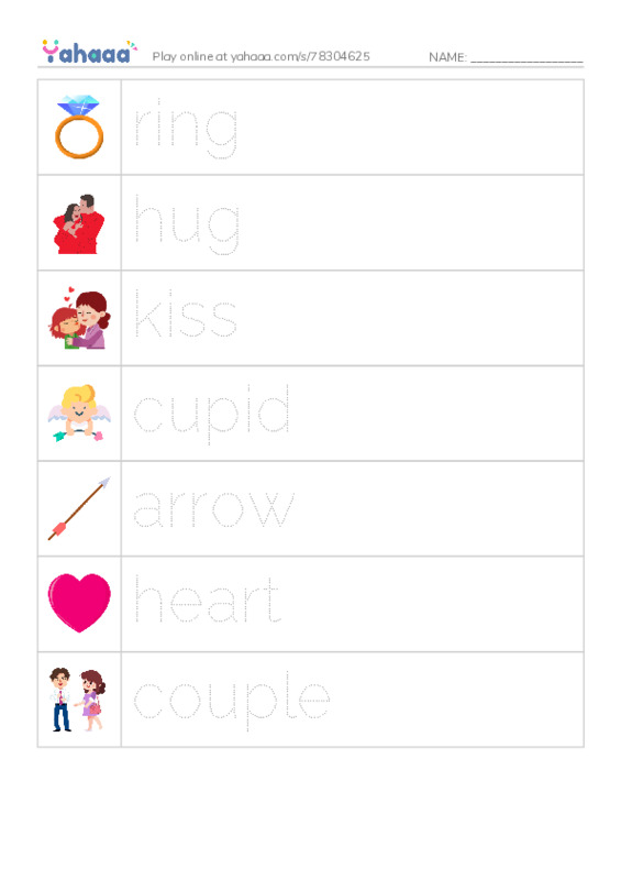 Picture and word rows worksheet for ring, hug, kiss and 4 more