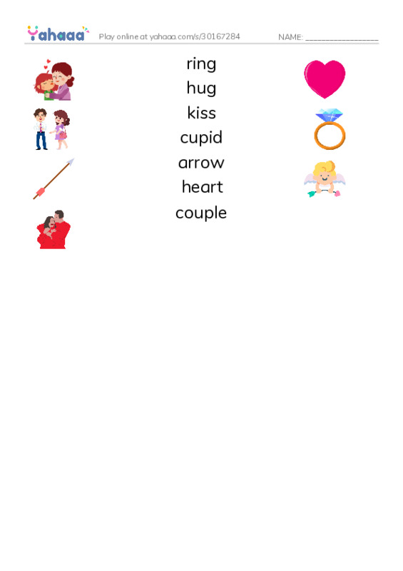 Match both sides worksheet for ring, hug, kiss and 4 more