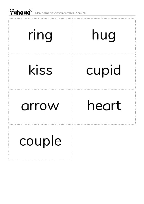 Word flashcards worksheet for ring, hug, kiss and 4 more