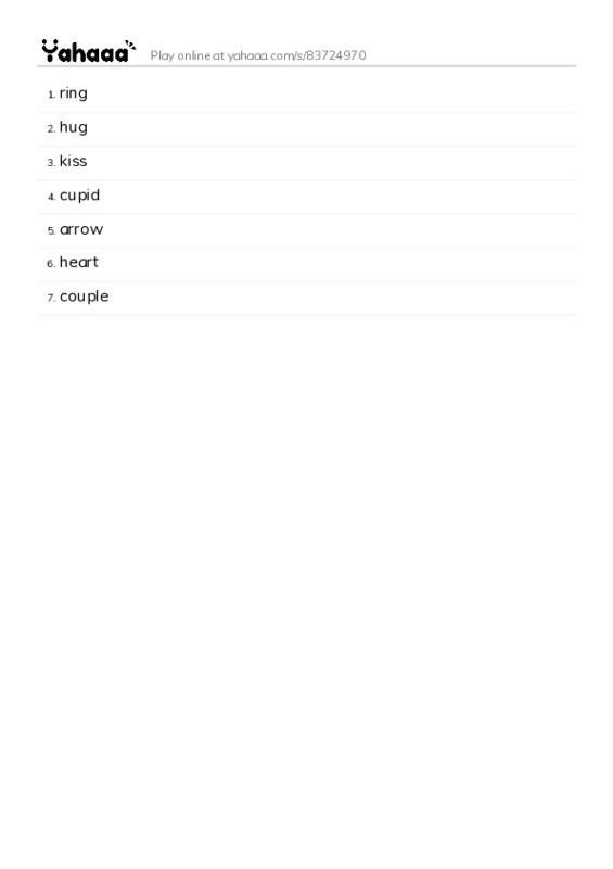 Word list with meanings worksheet for ring, hug, kiss and 4 more