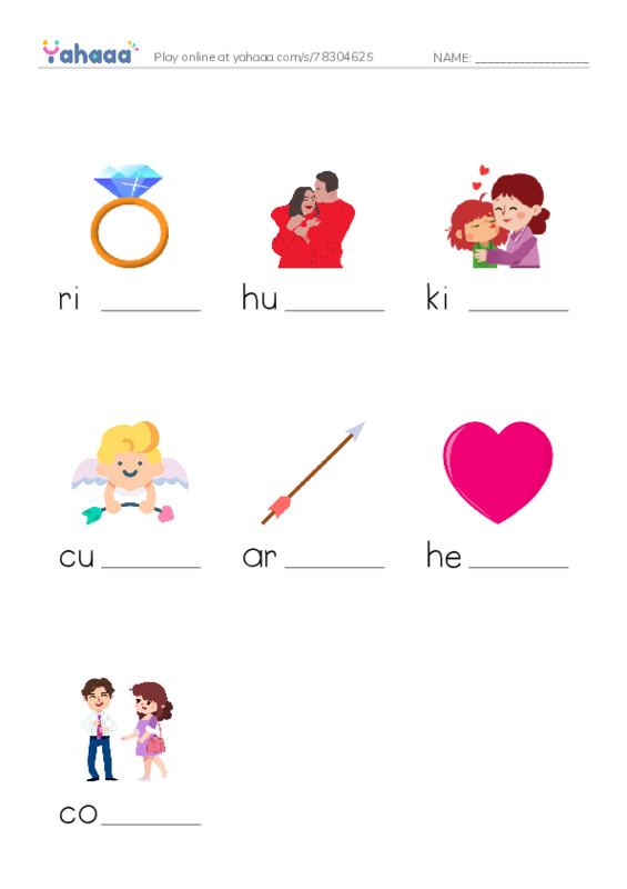 Finish the word worksheet for ring, hug, kiss and 4 more