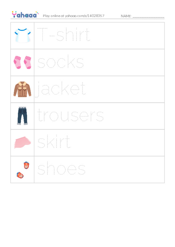 Picture and word rows worksheet for clothes
