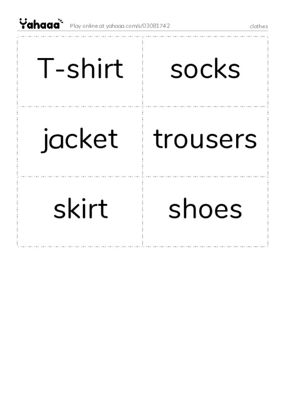 Word flashcards worksheet for clothes