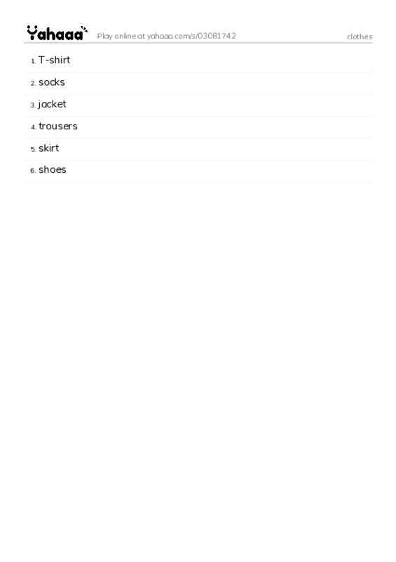 Word list with meanings worksheet for clothes