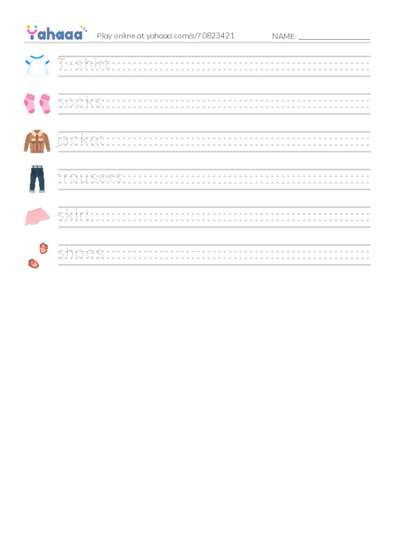 Handwriting lines worksheet for clothes