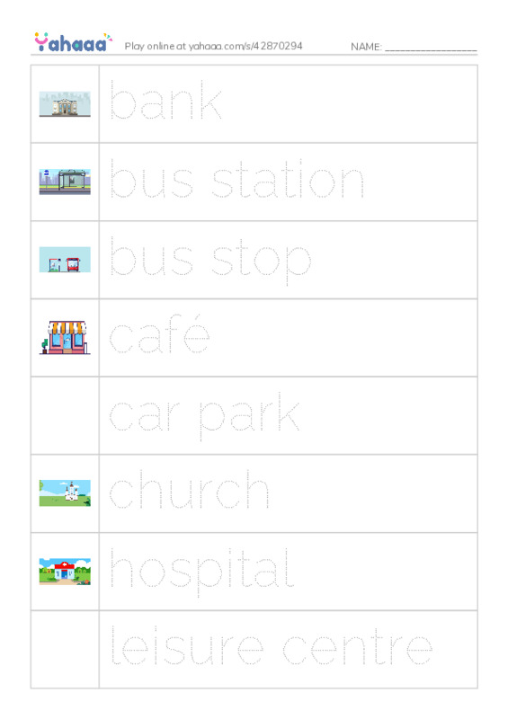 Picture and word rows worksheet for Places in Town