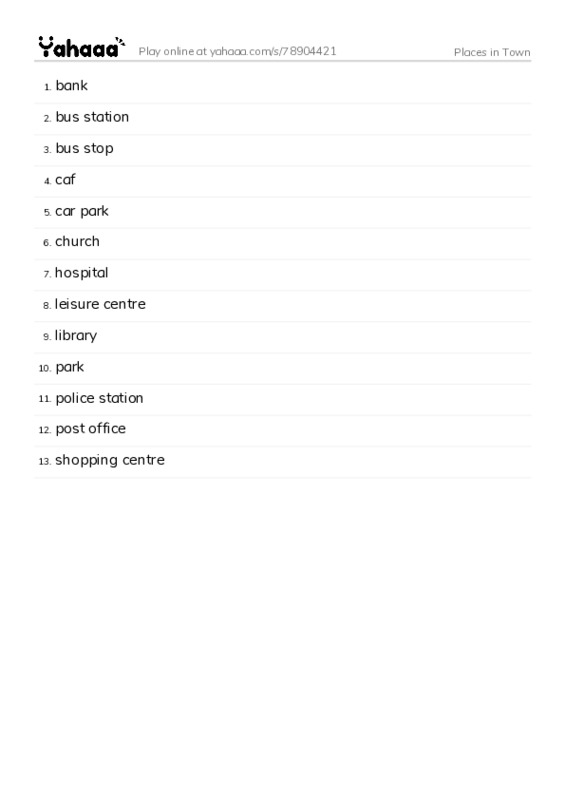 Word list with meanings worksheet for Places in Town