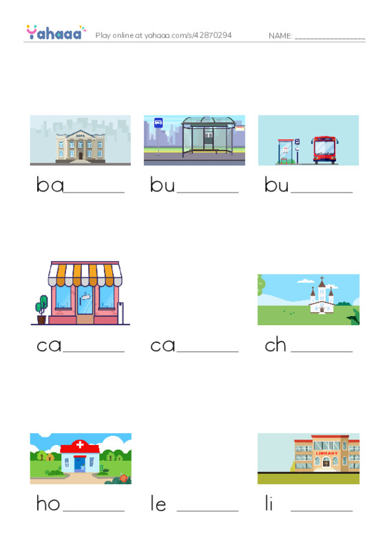 Finish the word worksheet for Places in Town