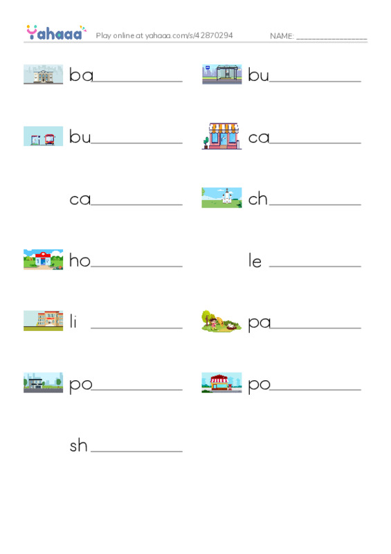 Write the word rows worksheet for Places in Town