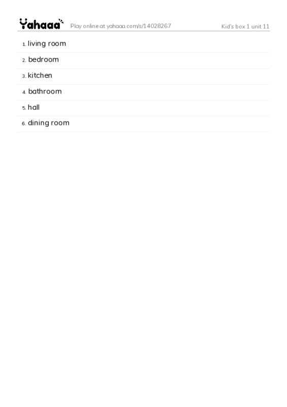 Word list with meanings worksheet for Kid's box 1 unit 11