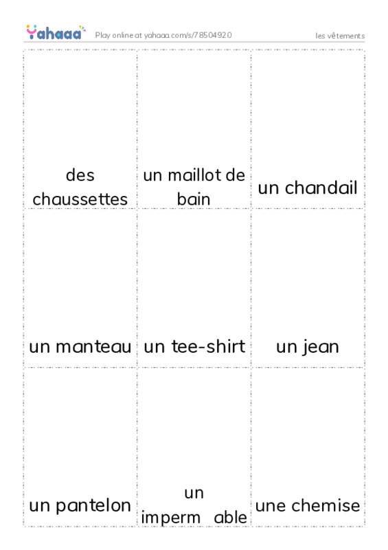 Picture flashcards worksheet for les vêtements