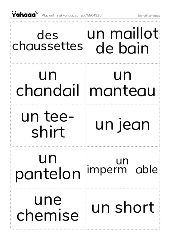 Word flashcards worksheet for les vêtements