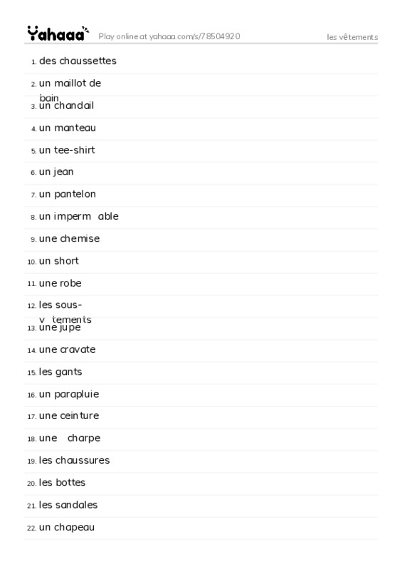 Word list with meanings worksheet for les vêtements