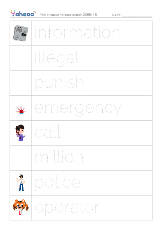 Picture and word rows worksheet for 911
