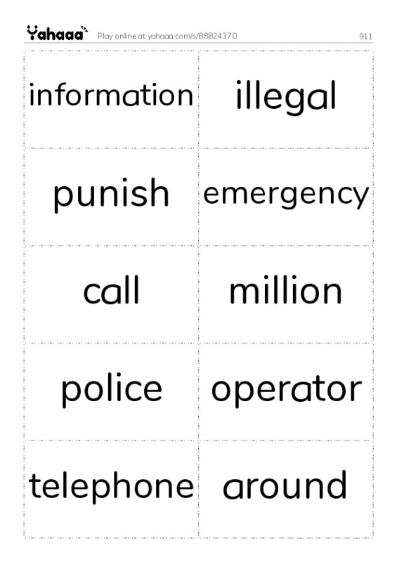 Word flashcards worksheet for 911