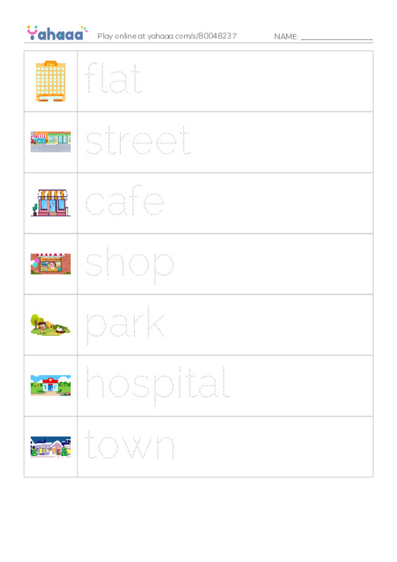 Picture and word rows worksheet for KB2 town