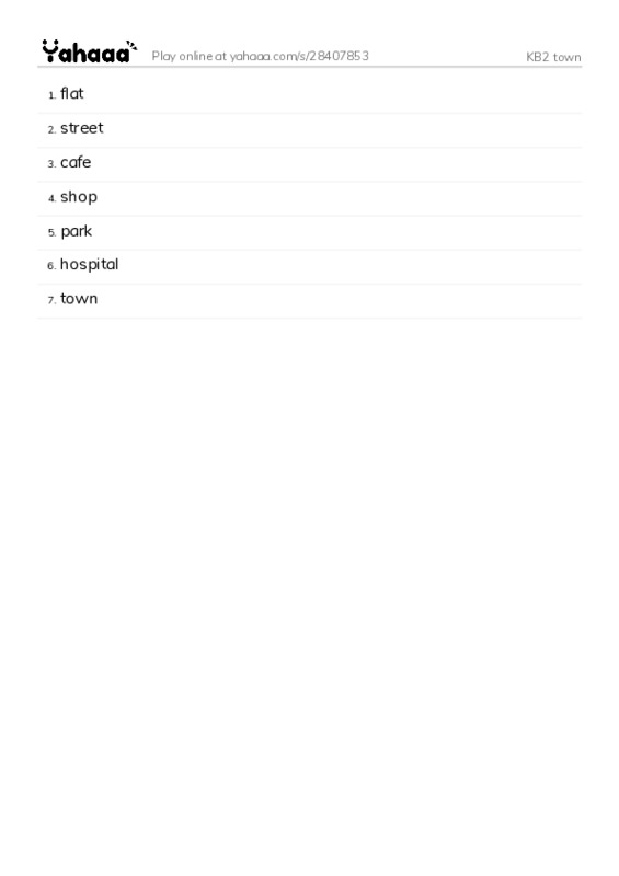 Word list with meanings worksheet for KB2 town