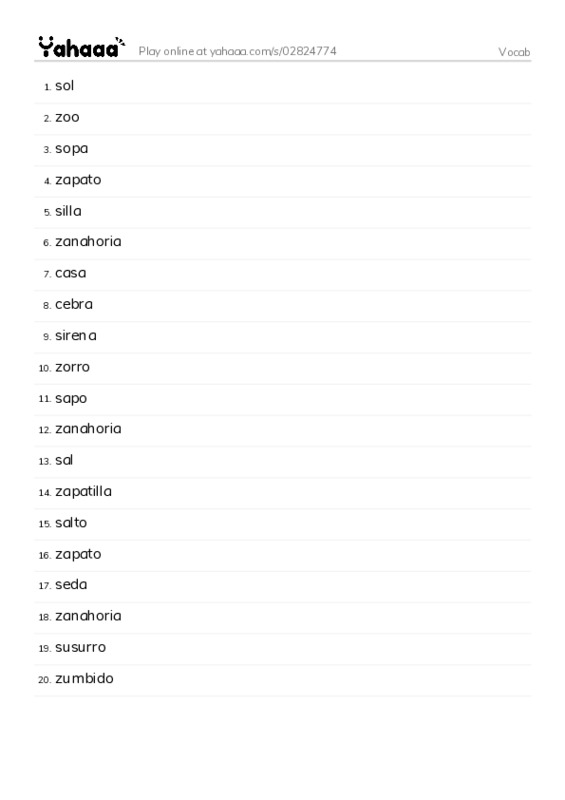 Word list with meanings worksheet for Vocab