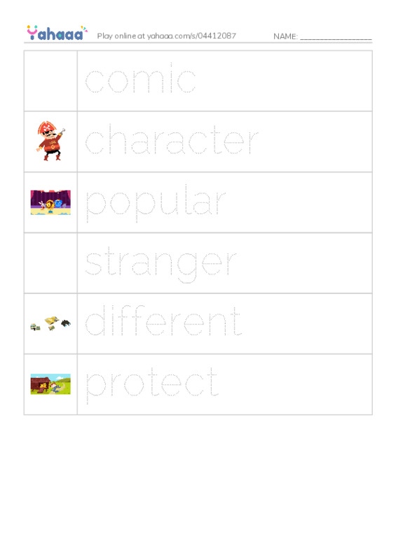 Picture and word rows worksheet for superheroes