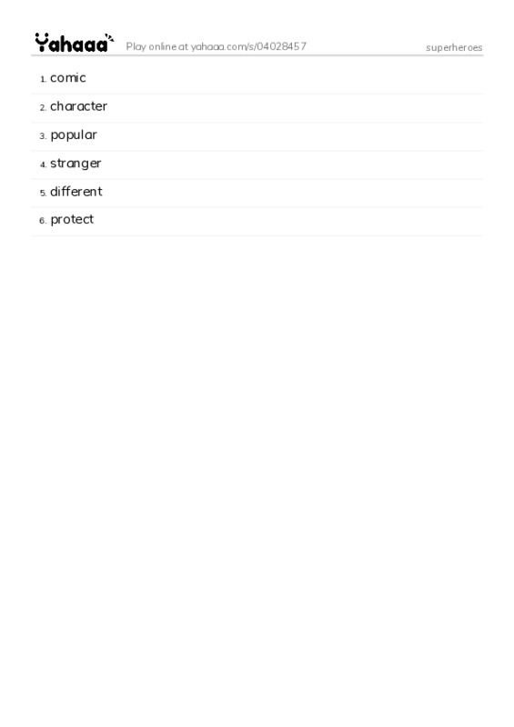 Word list with meanings worksheet for superheroes