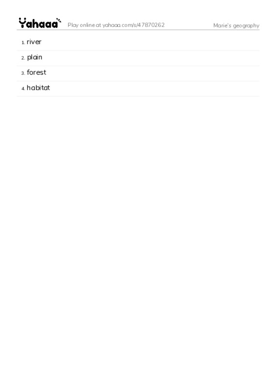 Word list with meanings worksheet for Marie's geography