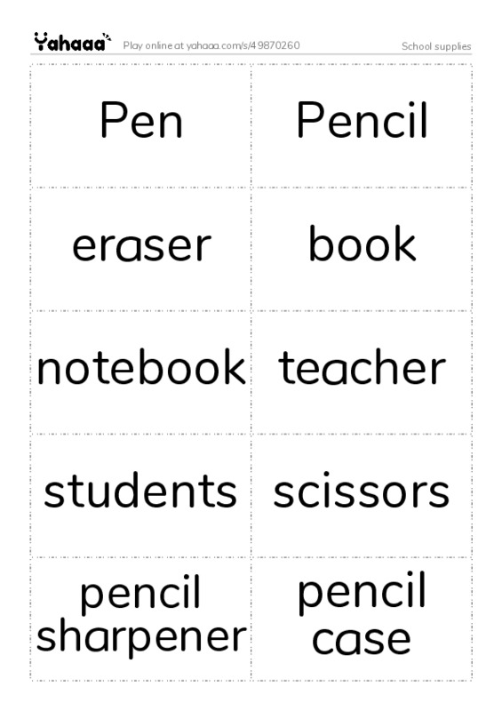 Word flashcards worksheet for School supplies