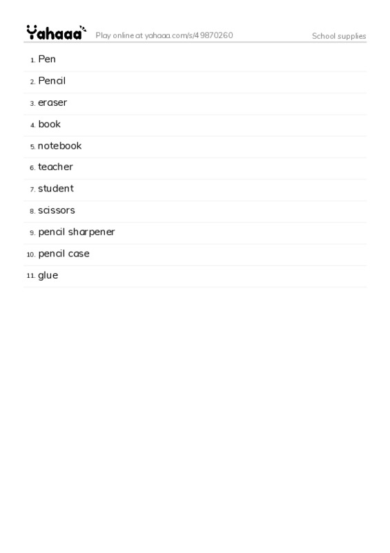 Word list with meanings worksheet for School supplies