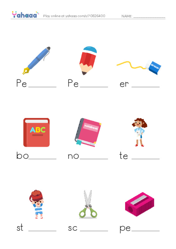 Finish the word worksheet for School supplies